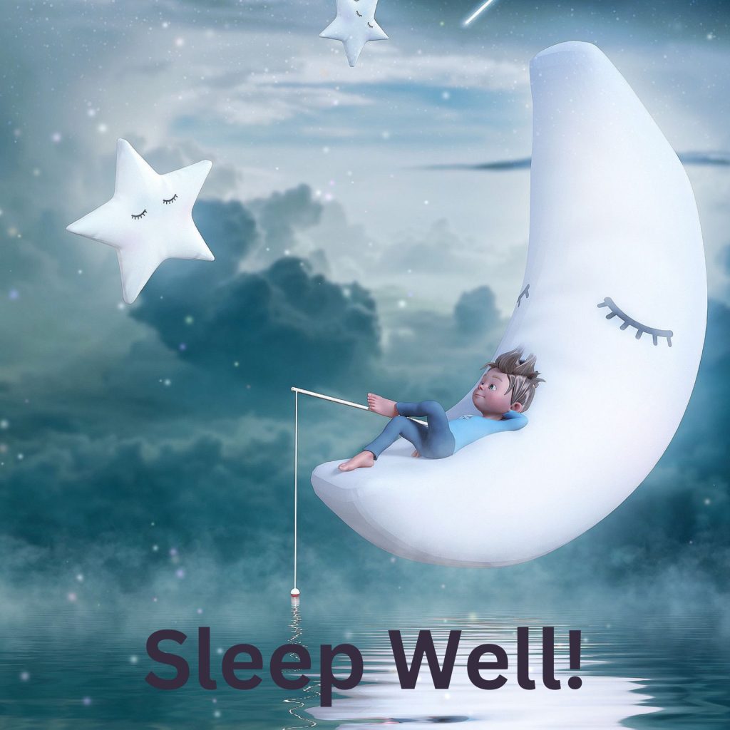 boy on moon with stars and caption that says sleep well